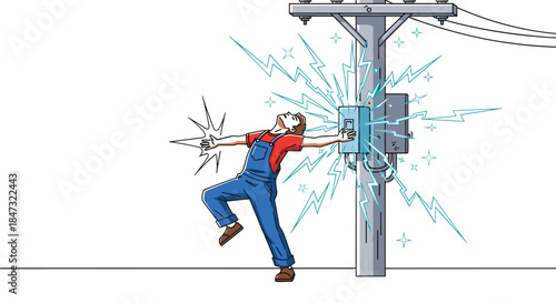 Electric Shock and Electrical Safety Hazard Vector Illustration of Worker Accident, High Voltage Power, Utility Pole, and Workplace Danger