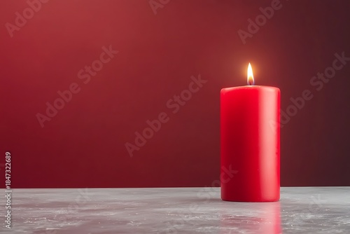 Bright Red Candle with Flame on Smooth Surface Against Dark Red Background