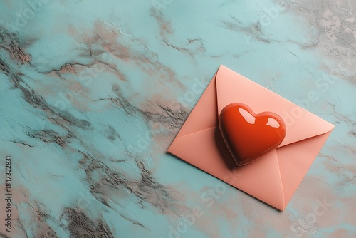 Heart Shape Decoration on Pink Envelope Against Colorful Marble Background