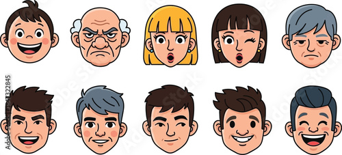 Set of funny cartoon faces and people character avatars featuring various expressions, hairstyles, and smiles in a flat vector illustration design