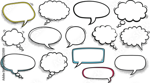 Vector set of comic speech bubbles and cartoon thought clouds featuring colorful talk balloon icons and dialog box shapes for communication design illustration