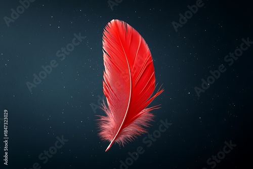 Vibrant Red Feather Floating Gracefully Against a Dark Background of Stars