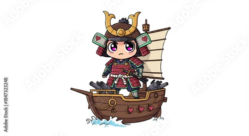煌めく兜と赤い甲冑を纏った愛らしいちび侍が小さな木製帆船に凛々しく立ち大海原へ勇敢に乗り出すアニメ風イラスト. AI Generated