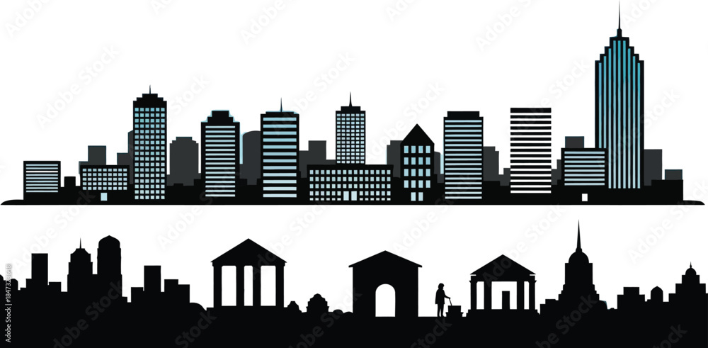 Obraz premium New York City skyline silhouette featuring iconic skyscrapers and urban architecture in a black vector illustration of the famous USA landmark downtown landscape