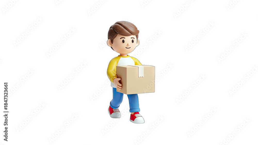 Obraz premium Cartoon Boy Carrying a Package on White Background