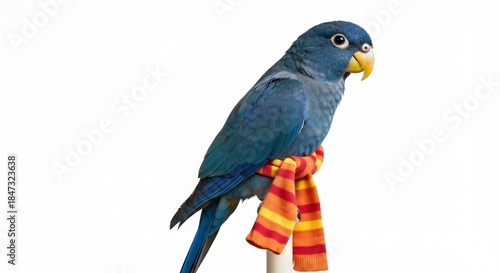 カラフルなマフラーを巻いた青いインコが白い背景を前に愛らしく見つめる明るいスタジオショット. AI Generated