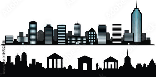 New York City skyline silhouette featuring iconic skyscrapers and urban architecture in a black vector illustration of the famous USA landmark downtown landscape