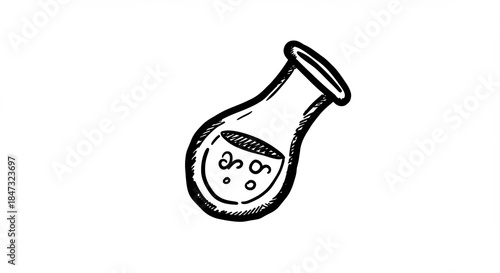 手書き風のフラスコで泡立つ液体がゆらゆら揺れる科学実験をイメージしたイラスト. AI Generated