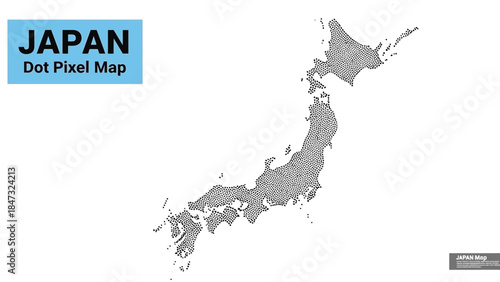 Vector illustration of Detailed dot pixel map illustration of japan's archipelago with hokkaido, honshu, shikoku, and kyushu islands clearly defined on a white background