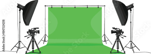 Professional Green Screen Studio Vector Illustration with Video Cameras, Lighting Equipment, Chroma Key Background, and Filming Setup