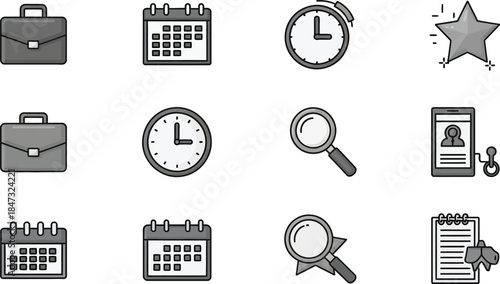 A comprehensive set of travel and business icons featuring a digital clock, calendar, and stopwatch vector illustration for mobile web design and office measurement tools
