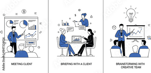 Set of business vector illustrations showing professionals meeting clients, creative team brainstorming, and giving presentations with charts and data analysis