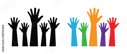 Diverse group of hands raised in unison symbolizing unity participation and collective voice vector
