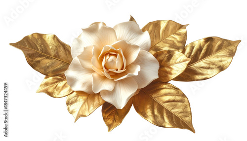 Close-up of a cream-colored rose and golden leaves, set against a transparent background