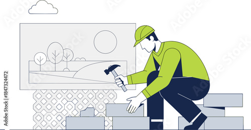 Construction worker in safety gear using a hammer to lay bricks or tiles outdoors, symbolizing home renovation, paving, or landscaping projects