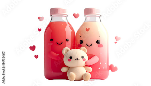 Cute cartoon image with two juice bottles embracing a teddy bear and surrounded by hearts