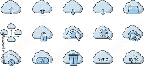 Set of blue water drops and weather icons with cloud sun and rain symbols for meteorology forecast design illustration