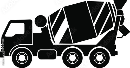 Black silhouette vector illustration of a heavy-duty cement mixer truck, symbolizing construction, road paving, and large-scale engineering projects