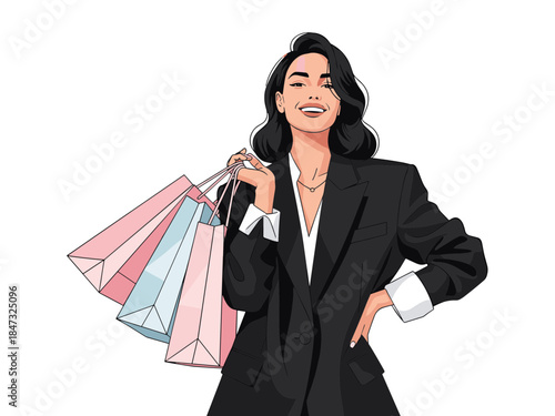 Stylish Woman Holding Shopping Bags, Expressing Joy and Excitement with a Confident Smile