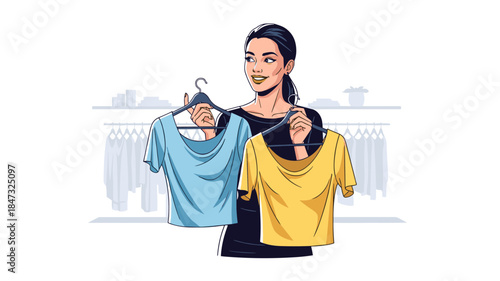 Stylish young woman making a thoughtful wardrobe choice, holding two different colored t-shirts in a fashion-oriented setting, showcasing personal style and decision-making options for an outfit