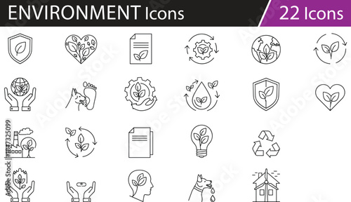 Eco and sustainability icons set, environmental protection symbols, conservation, recycling, and nature care vector illustration