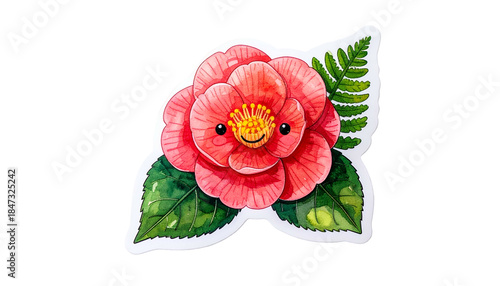 Watercolor illustration of a smiling pink flower with leaves, sticker style