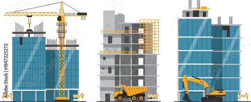 Illustrated sequence showing the comprehensive stages of high-rise building construction from foundation and framing to glass facade completion with machinery