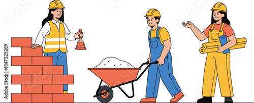 Diverse group of professional construction workers wearing safety gear, building a brick wall, and transporting materials for a housing development project