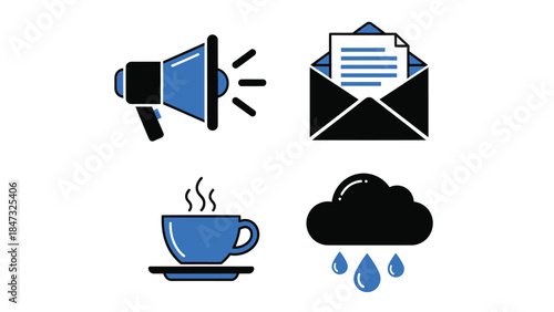 Vector illustration of Collection of flat design icons including a megaphone, open envelope with paper, steaming coffee cup and a rainy cloud