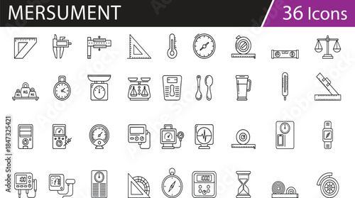 Grid of 35 black line icons for measurement tools and instruments, ideal for educational, scientific, or technical vector illustration