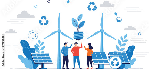 Team of people standing by solar panels and wind turbines, celebrating the concept of sustainable clean energy and environmental conservation with recycling symbols