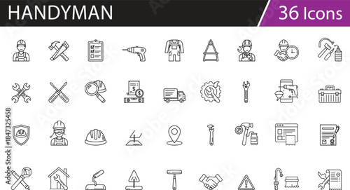 Grid of 40 black line icons for construction, engineering, and maintenance, ideal for professional vector illustration content