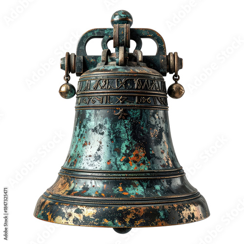 Aged bronze bell, ornate design with detailed markings and a weathered patina
