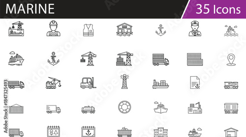 Grid of 40 black line icons for maritime, shipping, and logistics, ideal for transport and supply chain vector illustration content
