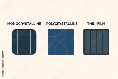 Solar Cells Types Comparison - Monocrystalline Polycrystalline Thin Film Diagram