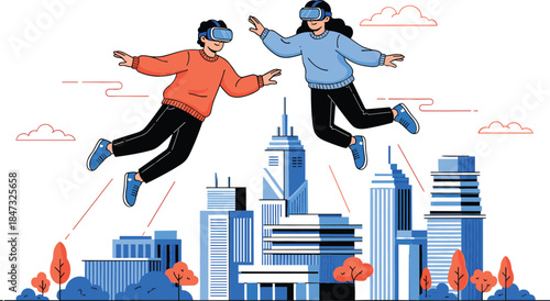 Couple wearing virtual reality headsets flying over a modern metropolitan city skyline, experiencing the immersive metaverse future of technology