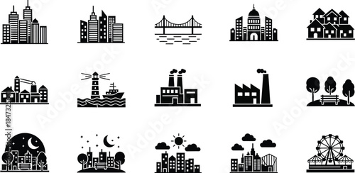Vector illustration of a black industrial city skyline featuring a set of silhouettes of houses and buildings with cargo ships and nautical vessels traveling on the ocean water
