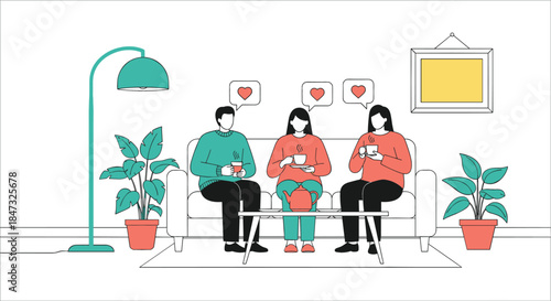 Detailed line art of a modern outdoor cafe or restaurant with comfortable seating, lush potted plants, and an industrial-style interior service area