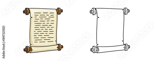 Vector illustration of an ancient rolled-up parchment scroll with brown writing and wooden handles in two styles a color drawing and a black outline design