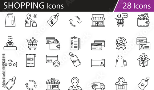 Shopping and retail icons set, customer service and commerce symbols, storefront, delivery, payment vector illustration