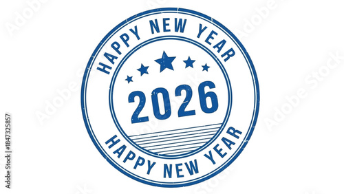 Happy New Year 2026 stamp with blue ink and stars on white background