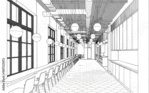 Detailed line art perspective of a long, industrial-style interior bar or café seating area with continuous counter, globe lighting, and exposed ductwork