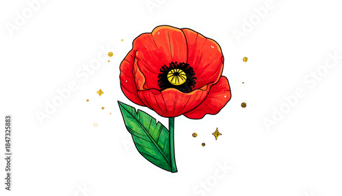 Vivid digital illustration of a poppy flower with glowing stars on a black background