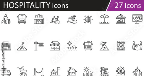 Travel and leisure icons set, vacation activities and entertainment symbols, tourism and family fun vector illustration