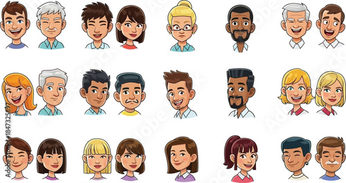 Set of young women faces and funny people avatars featuring cartoon character heads with various hair styles and expressions like smile or angry in a vector icon illustration