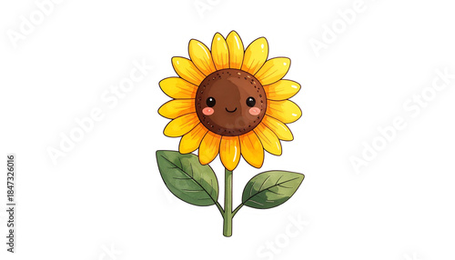 A cheerful cartoon sunflower with a smiling face, vibrant petals, and green leaves on black