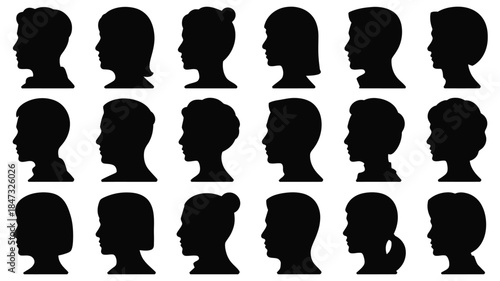 Grid of multiple diverse black human head silhouettes in profile view on a white background