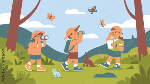 Happy children exploring a vibrant forest landscape, observing butterflies and a small dog with binoculars