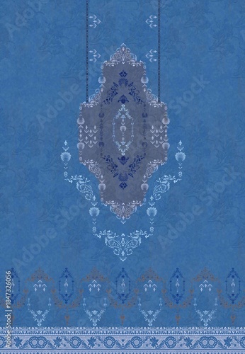 Blue Medallion Textile Pattern with Paisley and Floral Motifs