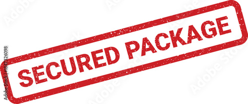 A gritty red rectangular rubber stamp illustration displaying the words SECURED PACKAGE in bold capital letters, signifying safe delivery